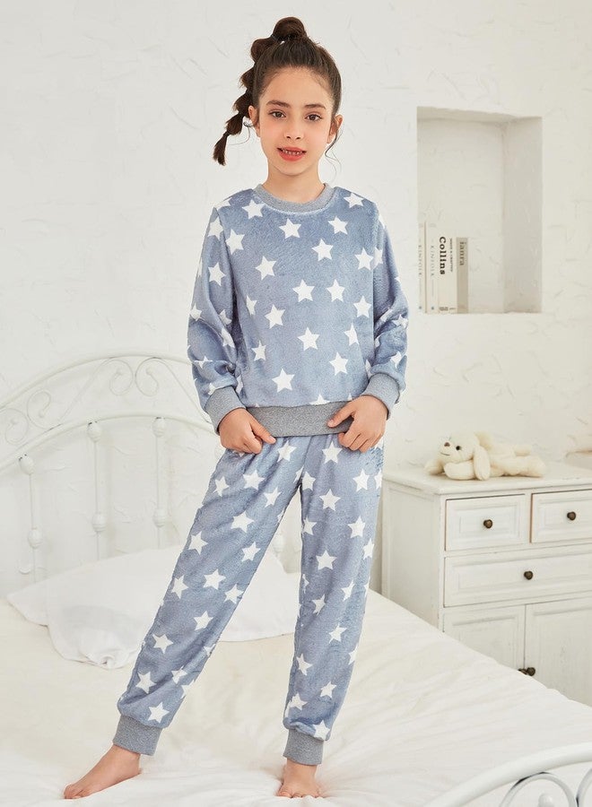 QPANCY Little Girls Fleece Pajamas, Soft Cozy Star Pullover Sweatshirt Pants Set for Kids Size 6 7 - Image 2